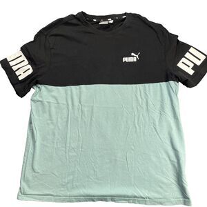 Puma Mens T-Shirt XL Black Green Color Block Logo Crew Neck